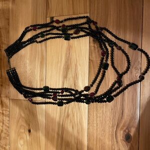 Chic Black Beaded Necklace with Red and Green Highlights